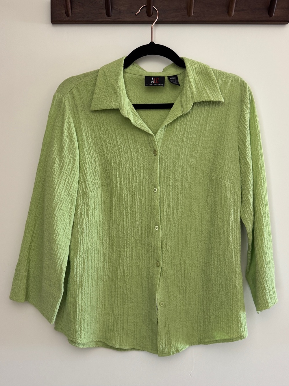 Women's Vintage Textured Button-Up Shirt in Lime Green, Size M